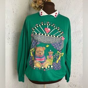 ACT III Cottagecore Nostalgic Green Collared Bear Sweatshirt XL